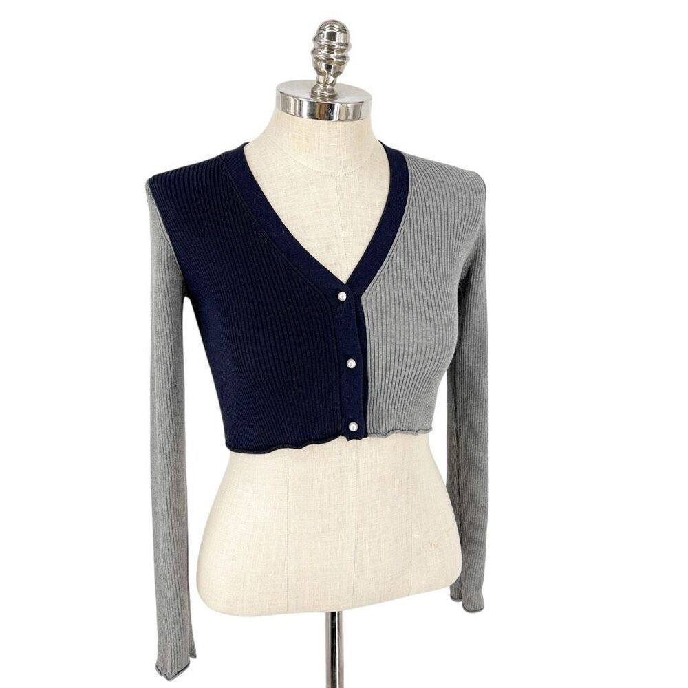 Peter‎ Som Size Small Ribbed Cropped Color Block Cardigan Navy & Gray
